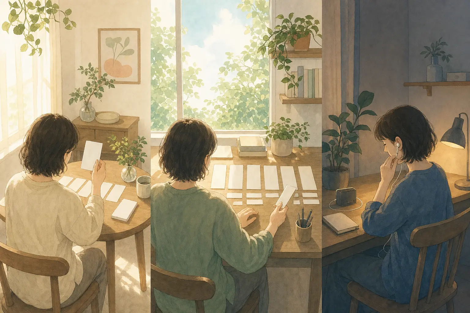 朝や夜の短い時間にパソコン作業を1つずつ進め、生活に合わせて制作を続けるイメージ