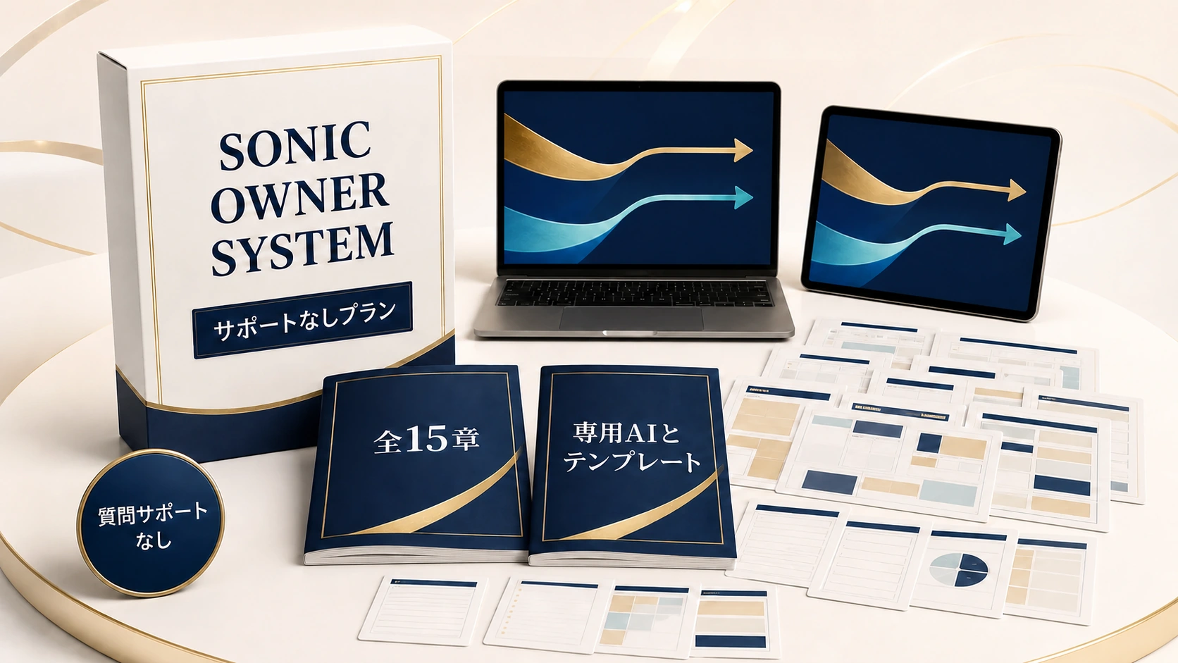 SONIC OWNER SYSTEMの箱、全15章と17点のテンプレートの冊子、質問サポートなしのバッジを並べた商品パッケージ