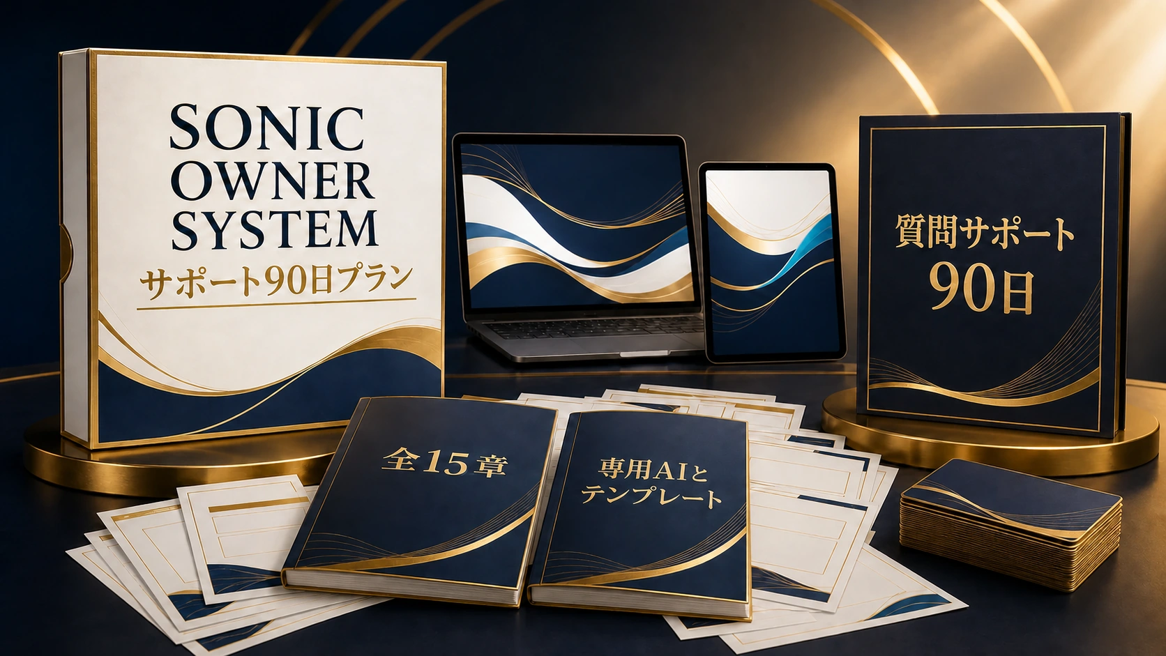 SONIC OWNER SYSTEMの箱、全15章と17点のテンプレートの冊子、90日間の質問サポートを示す箱を並べた商品パッケージ