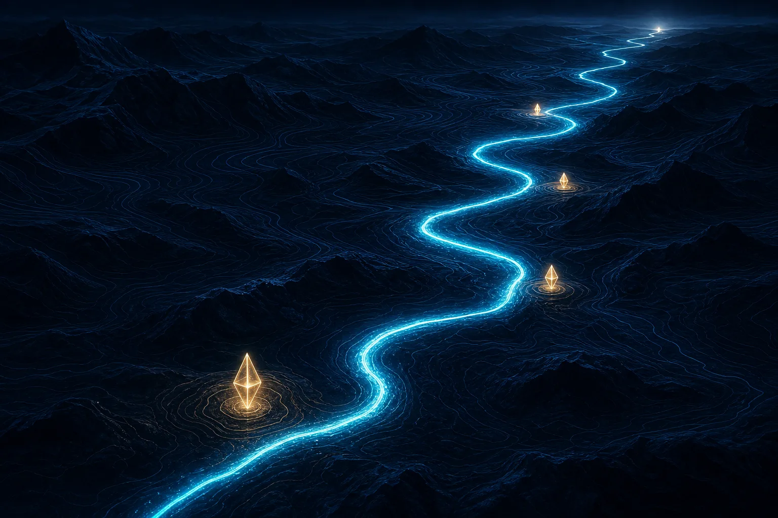 章の道のりが1本の光る道として続く抽象的な地形図